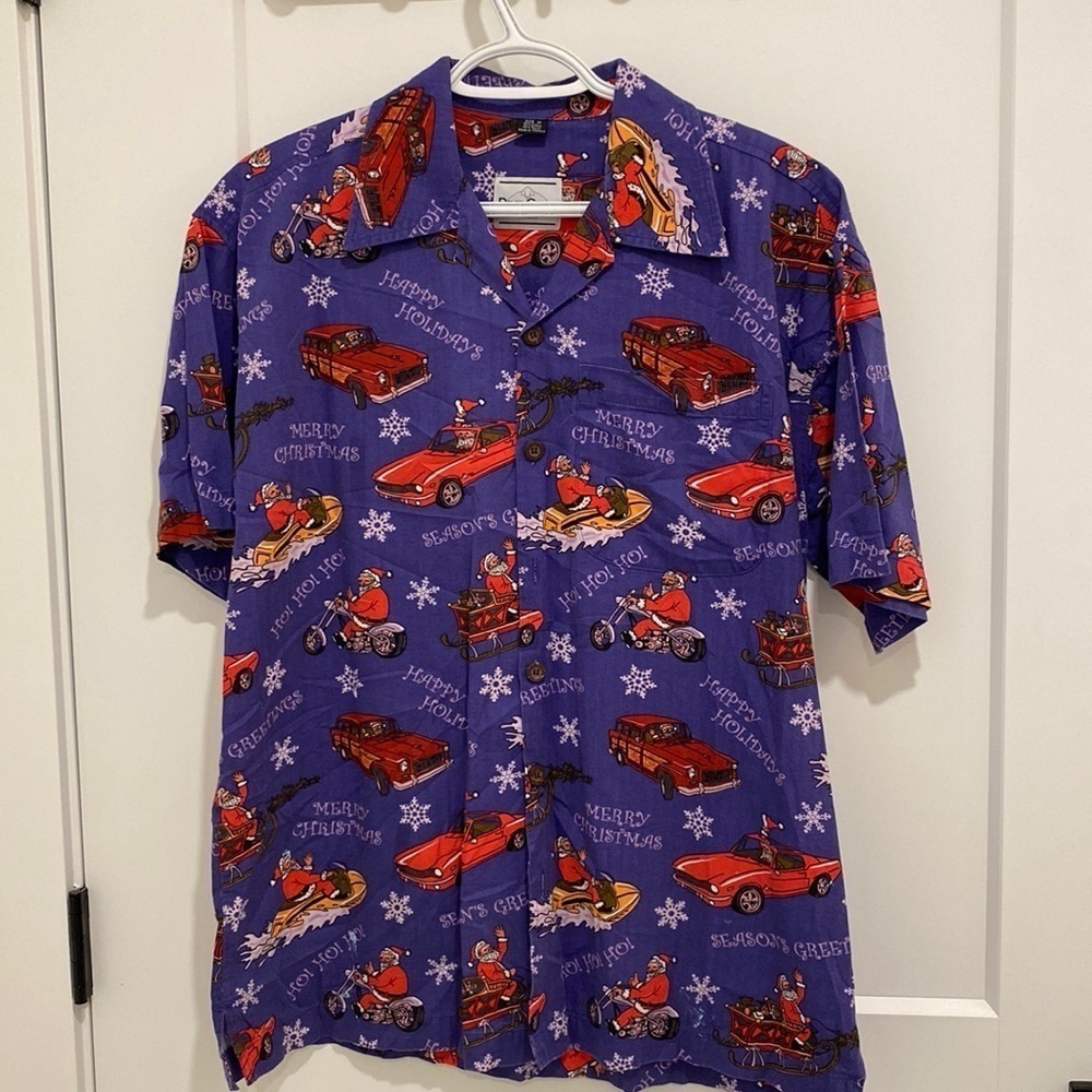 David Carey Original Santa Holidays Christmas Hawaiian Camp Shirt Cars Medium